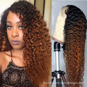 Uniky Kinky Curly Ombre 1b 30 4*4 Lace Front Human Hair Wigs Pre Plucked Lace Frontal Wig For Women Remy Black Hair